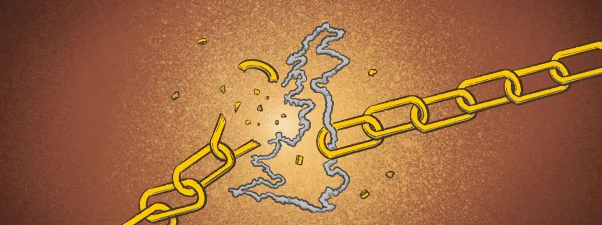 Illustration showing a chain breaking, with a link the shape of the UK map the breaking point