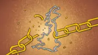 Illustration showing a chain breaking, with a link the shape of the UK map the breaking point