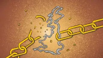 Illustration showing a chain breaking, with a link the shape of the UK map the breaking point