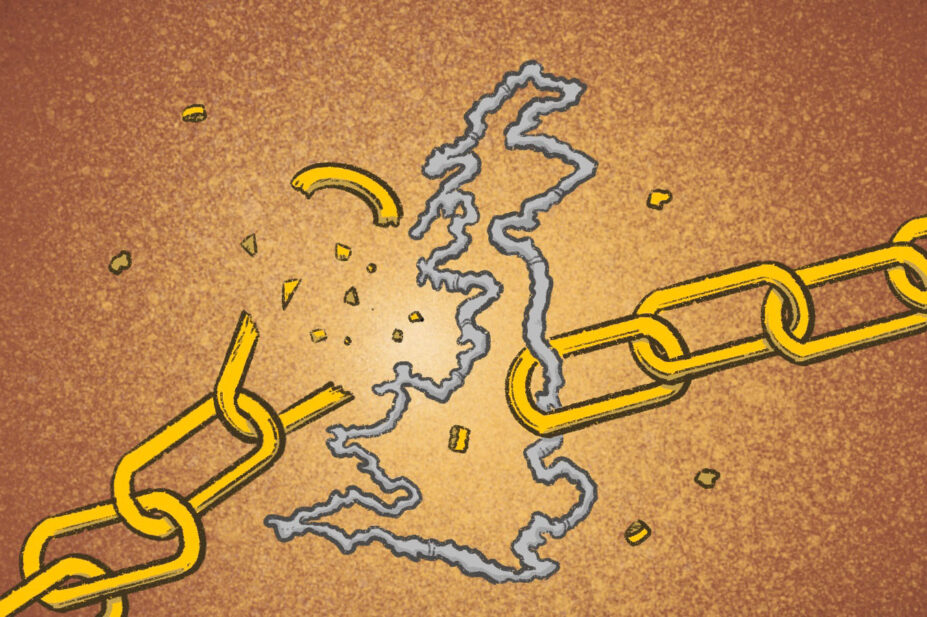 Illustration showing a chain breaking, with a link the shape of the UK map the breaking point