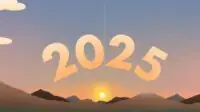 Illustration of a golden sunrise peaking over mountains, with the numbers 2025 rising with the sun