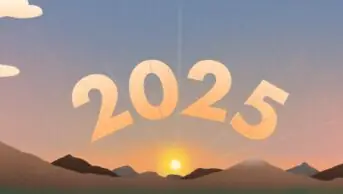 Illustration of a golden sunrise peaking over mountains, with the numbers 2025 rising with the sun