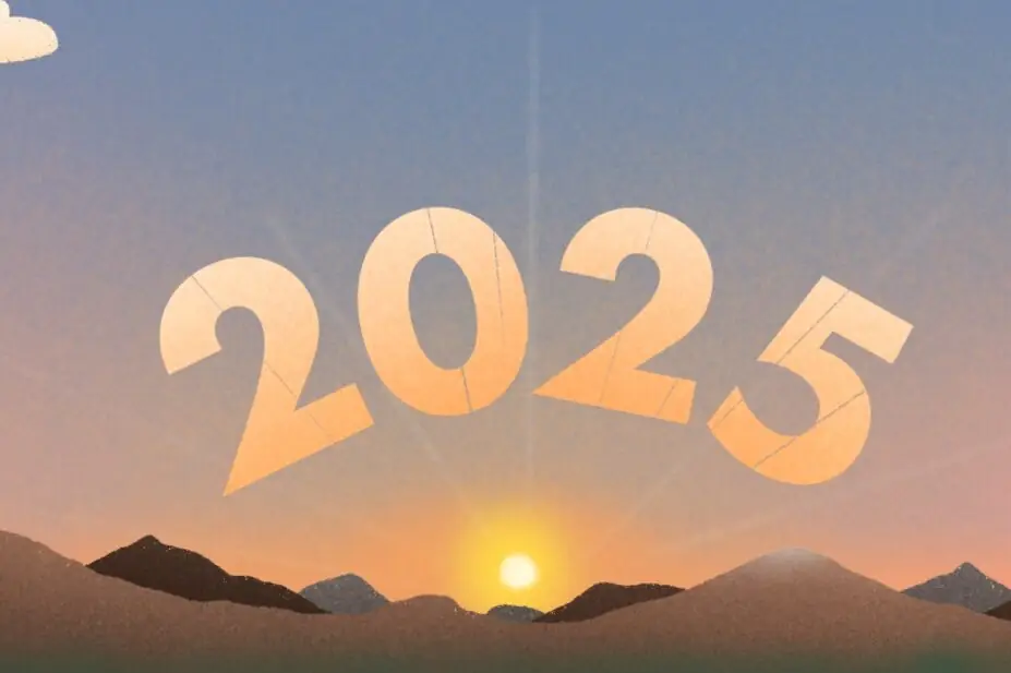 Illustration of a golden sunrise peaking over mountains, with the numbers 2025 rising with the sun