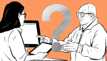 Illustration of an older man talking to a younger female pharmacist at a desk, gesturing, while she fills out forms on an ipad, with a question mark superimposed on top