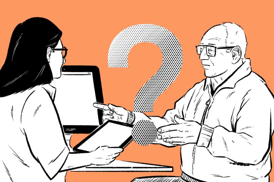 Illustration of an older man talking to a younger female pharmacist at a desk, gesturing, while she fills out forms on an ipad, with a question mark superimposed on top