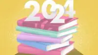 Illustration of a stack of pink, aqua, blue and green books on a mustard yellow background, with the numbers 2024 on top, casting a shadow