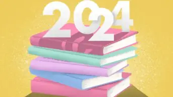 Illustration of a stack of pink, aqua, blue and green books on a mustard yellow background, with the numbers 2024 on top, casting a shadow