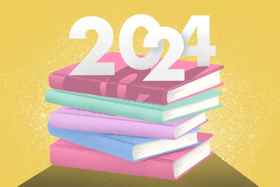 Illustration of a stack of pink, aqua, blue and green books on a mustard yellow background, with the numbers 2024 on top, casting a shadow