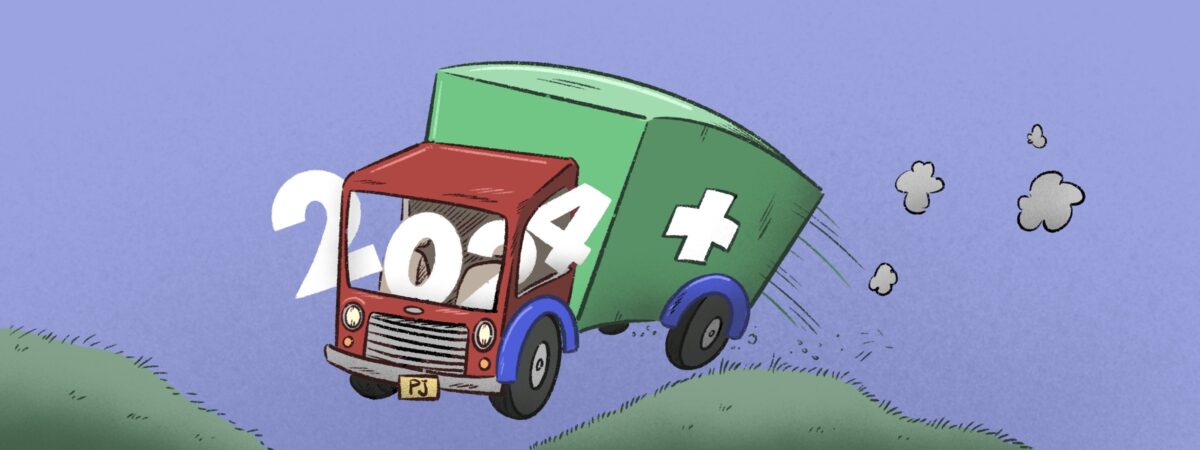 Illustration of a pharmacy delivery van vaulting over a hill, with the numbers 2024 shaking out of the front cab