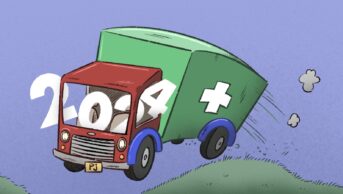 Illustration of a pharmacy delivery van vaulting over a hill, with the numbers 2024 shaking out of the front cab