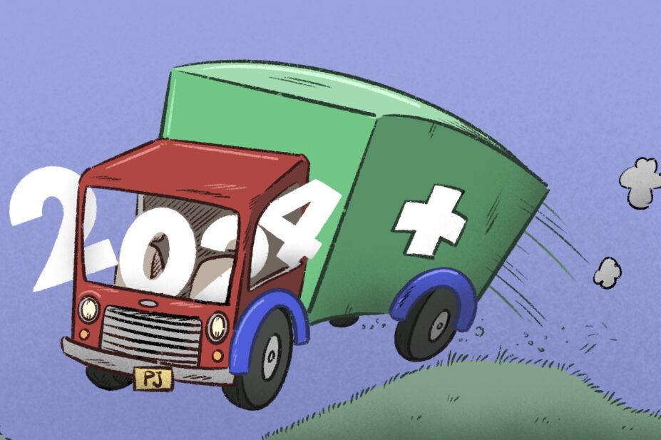 Illustration of a pharmacy delivery van vaulting over a hill, with the numbers 2024 shaking out of the front cab