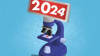 Illustration of a digital microscope with the numbers 2024 on the screen