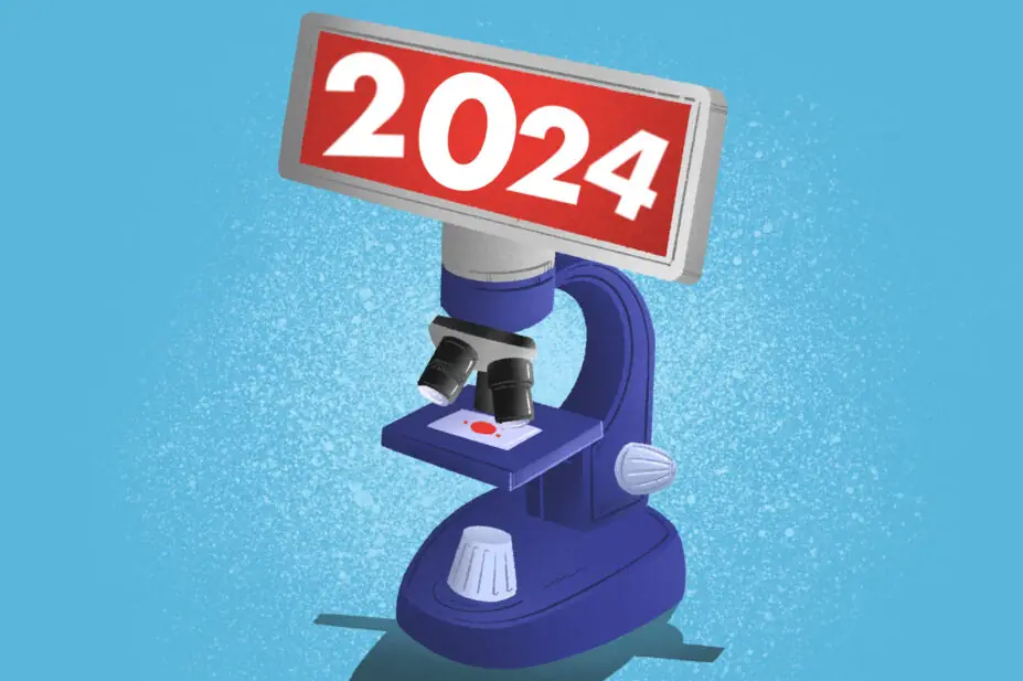 Illustration of a digital microscope with the numbers 2024 on the screen