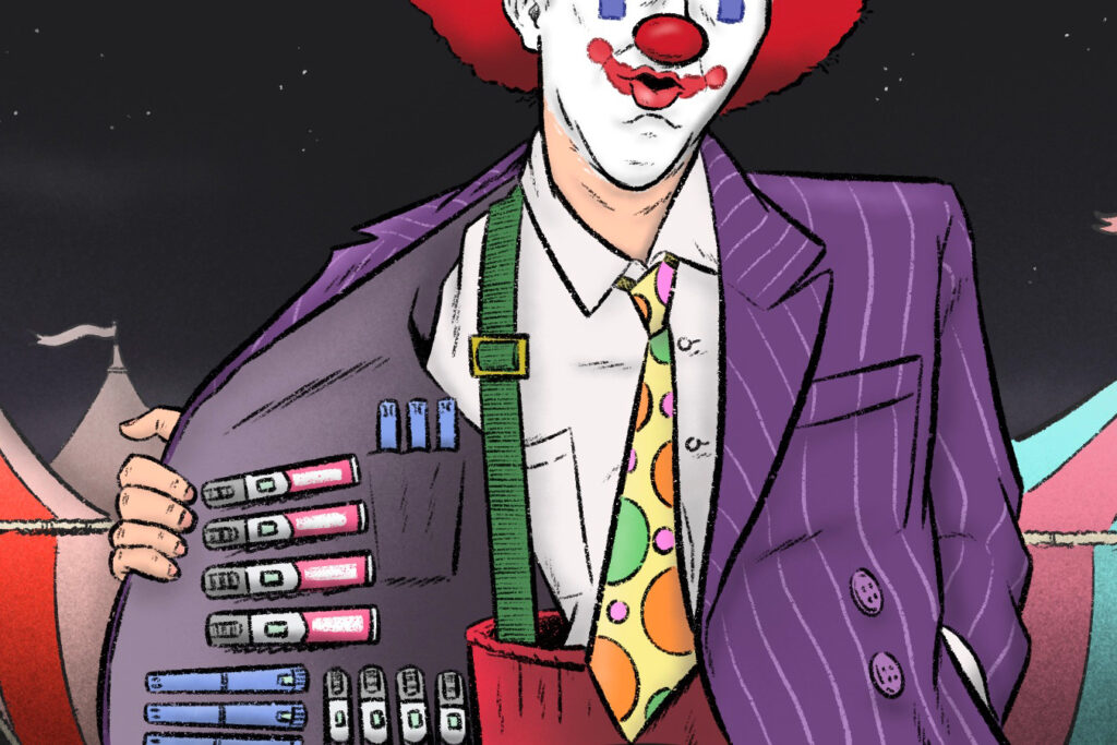 Illustration of a person in a clown suit with circus tents in the background, opening his coat to reveal a selection of semaglutide injectables. 