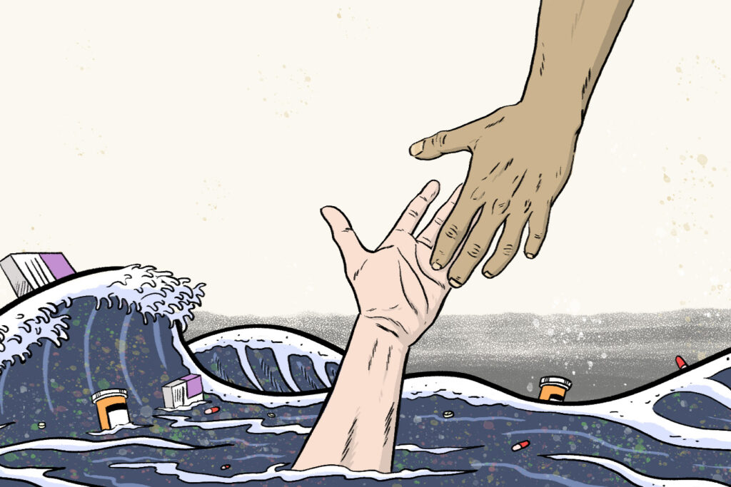 Illustration based on the Hokusai "Great Wave", but a drowning hand is rising from the water, with another reaching down to help it