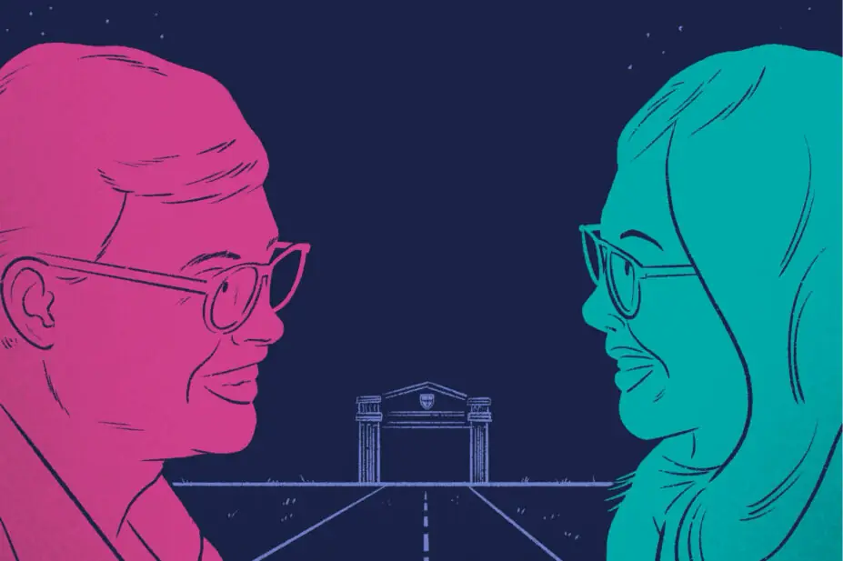 Illustration of a pink man and teal woman in silhouette on a dark blue background, with a lighter blue outline of the road to a college