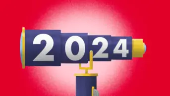 Stylised illustration of a backward looking telescope in deep blue, with gold highlights and the numbers 2024 written on the telescopic elements, on a pink background