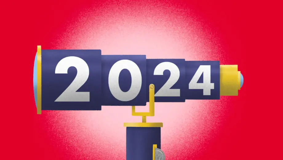 Stylised illustration of a backward looking telescope in deep blue, with gold highlights and the numbers 2024 written on the telescopic elements, on a pink background