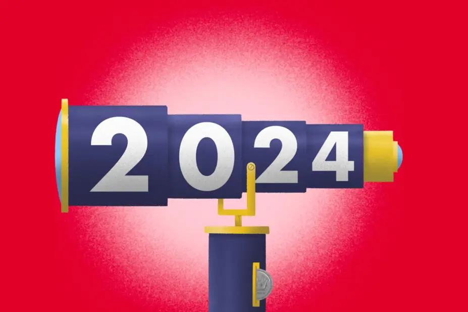 Stylised illustration of a backward looking telescope in deep blue, with gold highlights and the numbers 2024 written on the telescopic elements, on a pink background