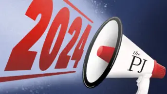 Illustration of a megaphone – white, with red highlights on the mouthpiece and horn, and the PJ logo on the side – with 2024 being boomed out of it