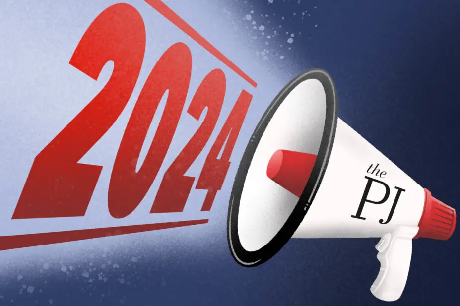 Illustration of a megaphone – white, with red highlights on the mouthpiece and horn, and the PJ logo on the side – with 2024 being boomed out of it