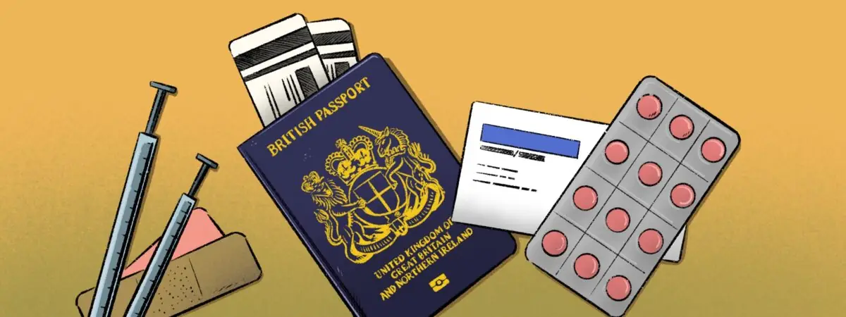 Illustration of a UK passport with malaria tablets, vaccination syringes, plane tickets and other preparation splayed out.