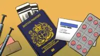 Illustration of a UK passport with malaria tablets, vaccination syringes, plane tickets and other preparation splayed out.