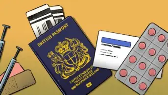 Illustration of a UK passport with malaria tablets, vaccination syringes, plane tickets and other preparation splayed out.