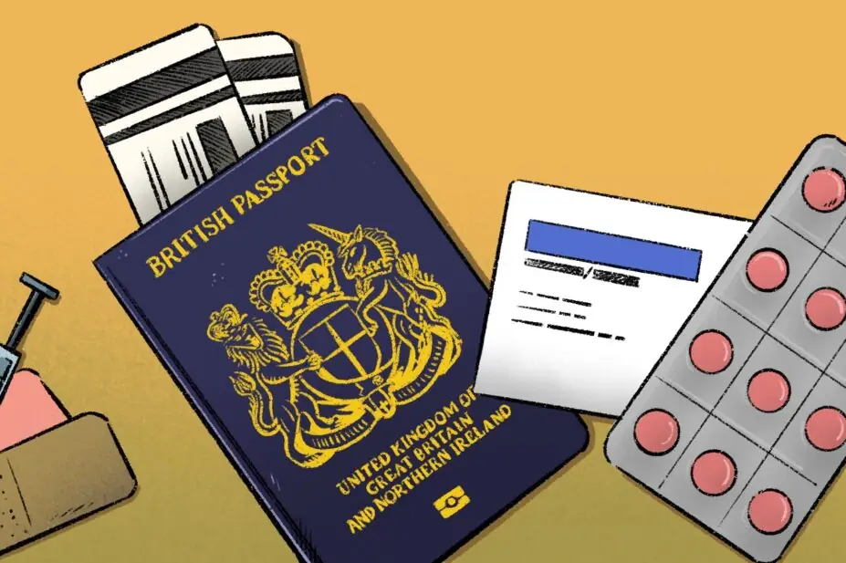 Illustration of a UK passport with malaria tablets, vaccination syringes, plane tickets and other preparation splayed out.