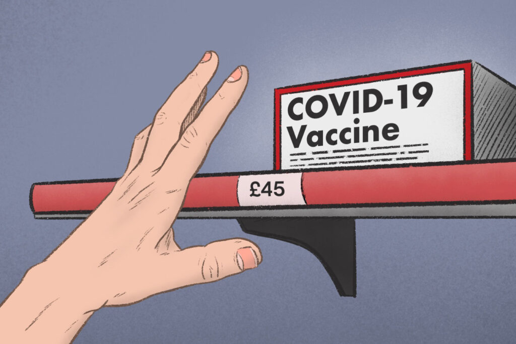 Illustration of a hand reaching for a COVID-19 vaccine with a £45 pound label