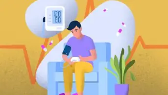 Illustration of someone sitting on a couch getting their blood pressure and heart rate monitored on a on a mustard background, with the blood pressure (120/80) monitor and pills floating around them