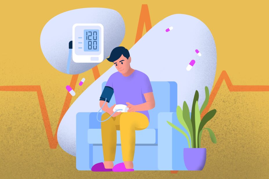 Illustration of someone sitting on a couch getting their blood pressure and heart rate monitored on a on a mustard background, with the blood pressure (120/80) monitor and pills floating around them