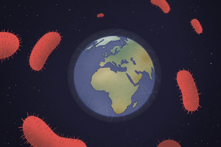 Illustration of a world globe in a barrier, with microbes floating around it