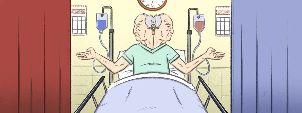 Illustration of a person in a hospital bed looking both directions, one pill on their left hand, another on their right hand, mirroring two paths