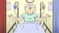 Illustration of a person in a hospital bed looking both directions, one pill on their left hand, another on their right hand, mirroring two paths