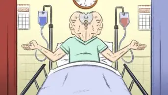 Illustration of a person in a hospital bed looking both directions, one pill on their left hand, another on their right hand, mirroring two paths