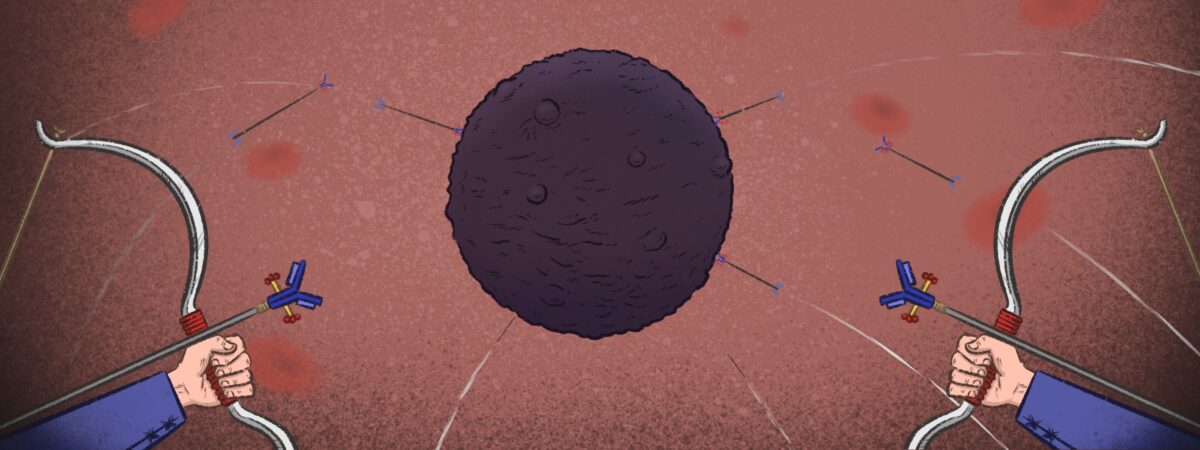 Illustration of bows being shot at a cancer cell to depict target cancer therapy