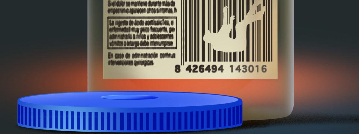 Illustration of a person falling through the cracks of a barcode on an empty pill bottle, on a darkened background