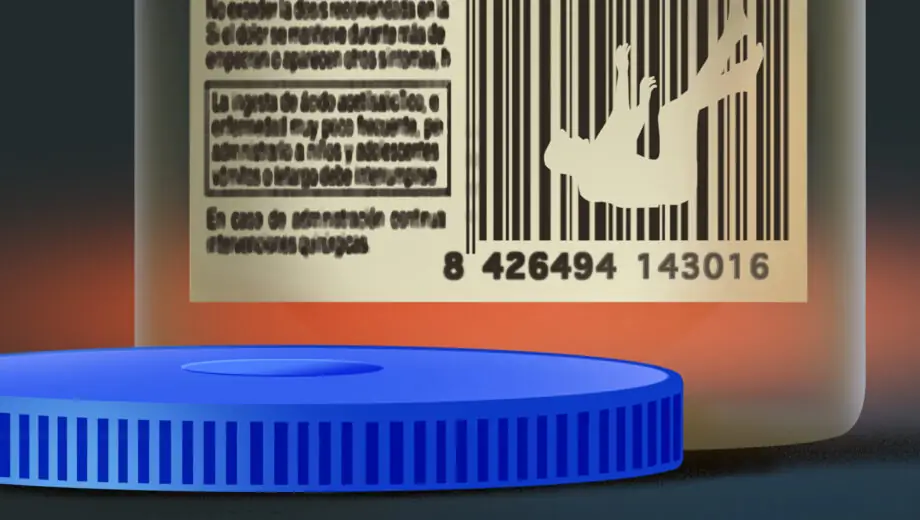 Illustration of a person falling through the cracks of a barcode on an empty pill bottle, on a darkened background