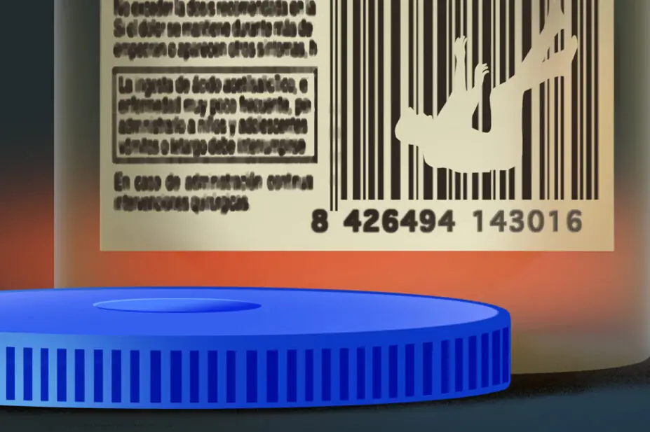 Illustration of a person falling through the cracks of a barcode on an empty pill bottle, on a darkened background