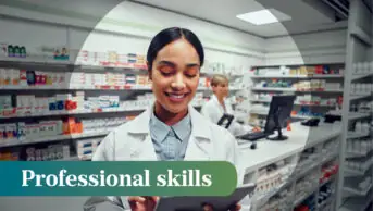 Photo of a pharmacist happily using a tablet, with another pharmacist in the background on a desktop computer, with a focusing circle and the words 