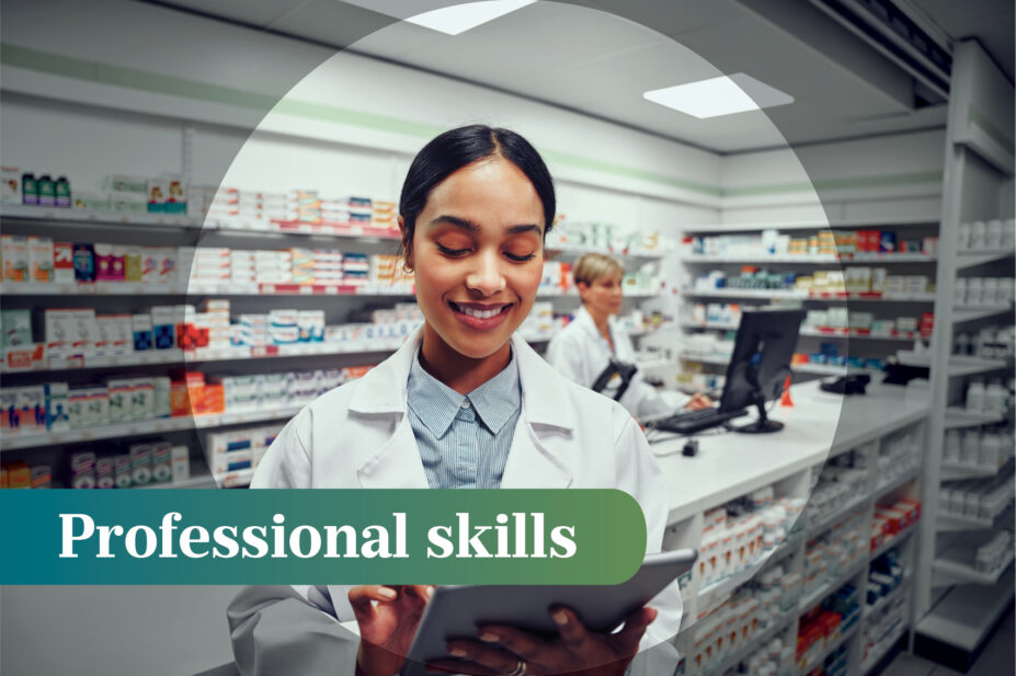 Photo of a pharmacist happily using a tablet, with another pharmacist in the background on a desktop computer, with a focusing circle and the words 