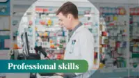 Photo of a male pharmacist looking at a monitor in a well-stocked pharmacy, with a focusing circle in the middle and the words 