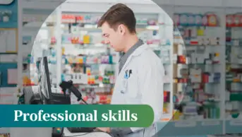 Photo of a male pharmacist looking at a monitor in a well-stocked pharmacy, with a focusing circle in the middle and the words 