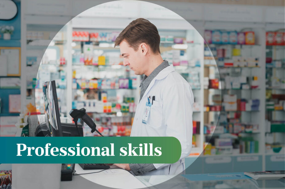 Photo of a male pharmacist looking at a monitor in a well-stocked pharmacy, with a focusing circle in the middle and the words 