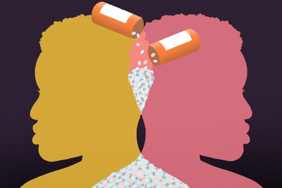 Illustration of two silhouetted black women's heads, overlapping to create a venn diagram, with pills being tipped into the overlapping space