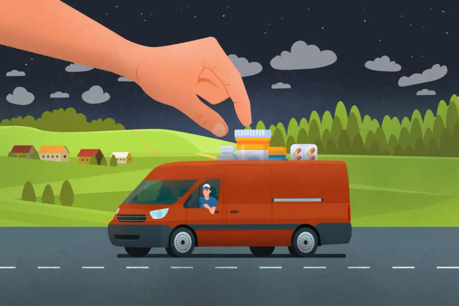 Illustration of a delivery van with an array of medicines in it, like a tray, with a hand reaching down from above