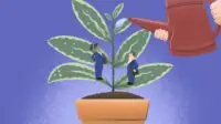 Colourful illustration of a red watering can watering a healthy houseplant, with pharmacists on two of the bottom leaves looking up happily at being provided for