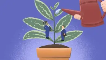 Colourful illustration of a red watering can watering a healthy houseplant, with pharmacists on two of the bottom leaves looking up happily at being provided for