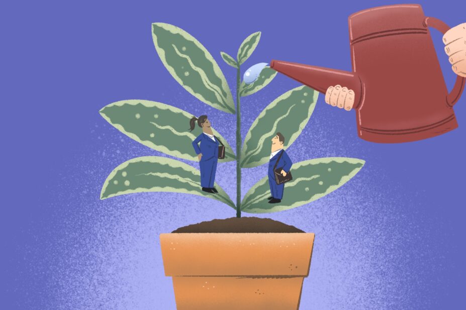 Colourful illustration of a red watering can watering a healthy houseplant, with pharmacists on two of the bottom leaves looking up happily at being provided for